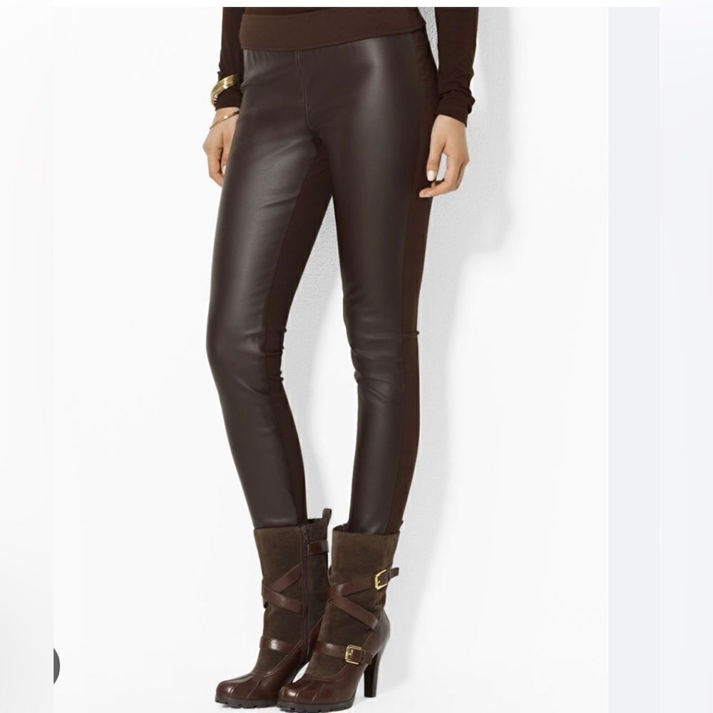LAUREN Ralph Lauren Faux Leather Burgundy Leggings Side Zip 4